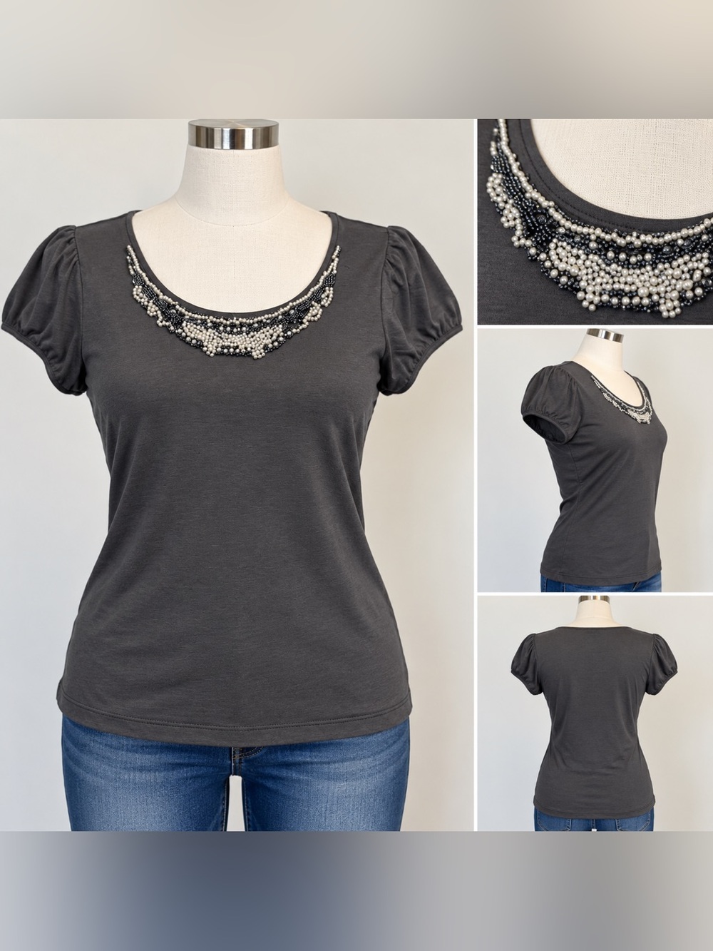 Maurices Charcoal Short Sleeve Tee with Beaded Scoop Neck